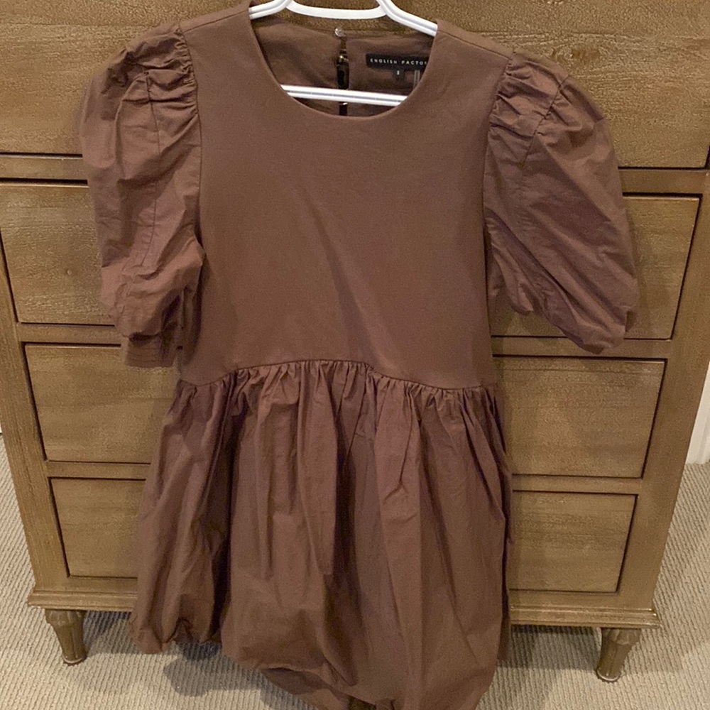 English Factory puss sleeved dress- brown/olive-S